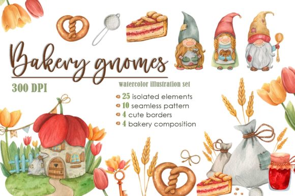Bakery Gnomes Watercolor Set & Illustrations