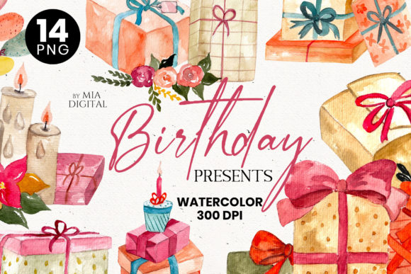 Birthday Presents Watercolor Clipart Set