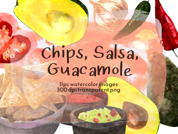 Chips, Salsa, Guacamole Watercolor Set