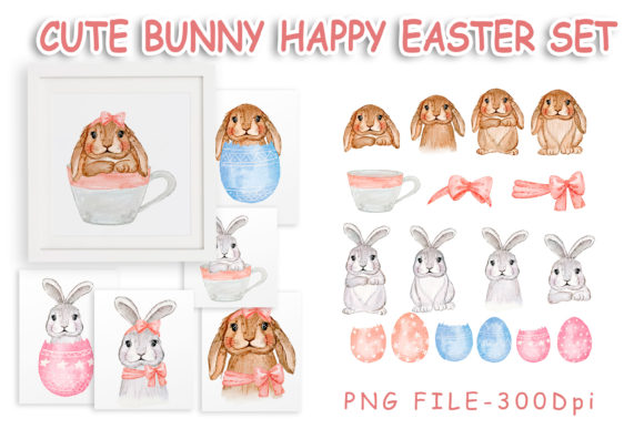Cute Bunny Easter Watercolor Set and Illustrations