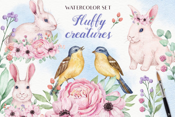 Fluffy Creatures - Watercolor Set Illustrations