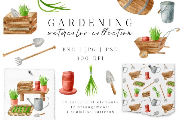 Gardening Tools Watercolor Clipart