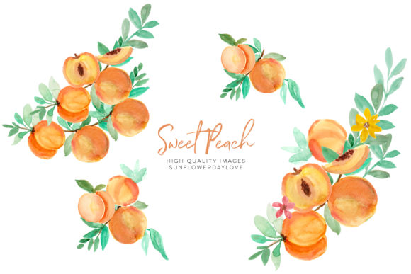 Greenery Peaches Watercolor Clipart & Illustrations