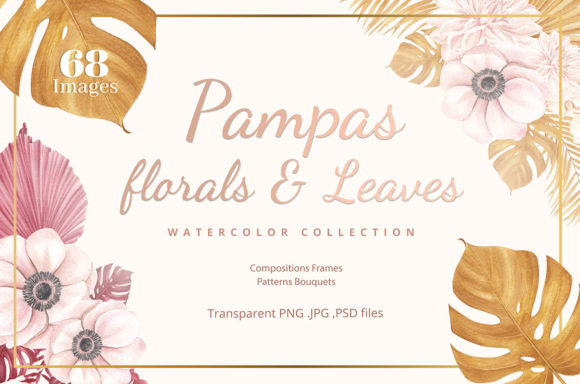 Pampas Unique Floral Leaves Watercolor Illustrations