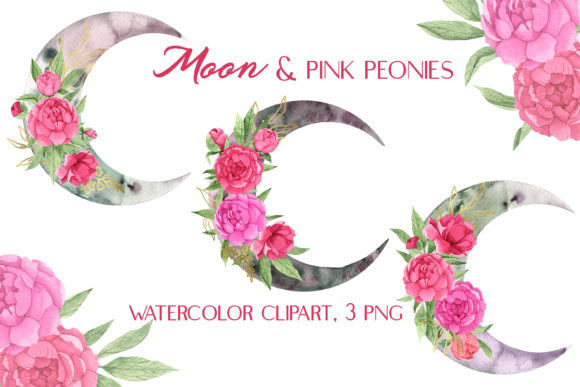 Review: Watercolor Clipart Moon Pink Peonies for Embroidery