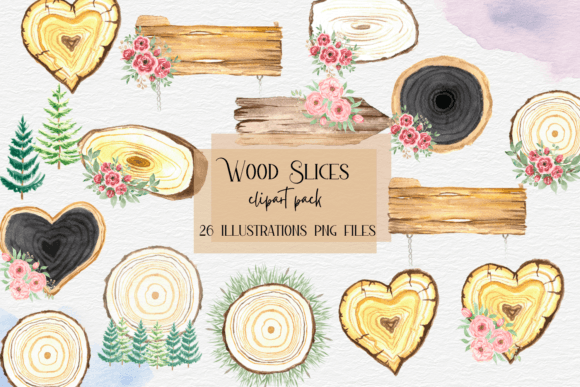 Rustic Watercolor Wooden Slices Frames Illustrations