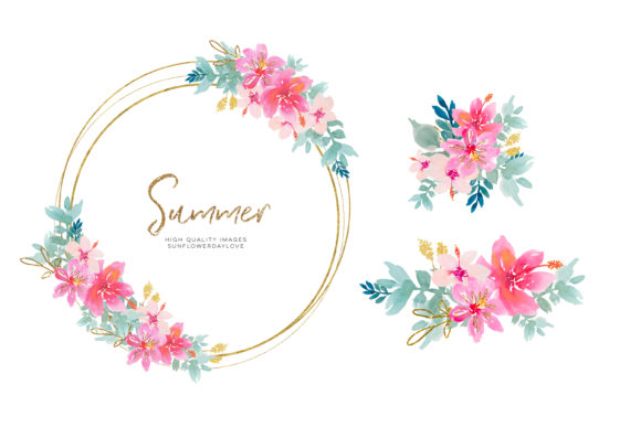 Tropical Watercolor Flower Clipart, Pink and Illustrations