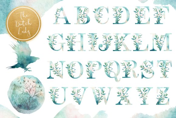 Watercolor Alphabet Clipart with Nature Illustrations