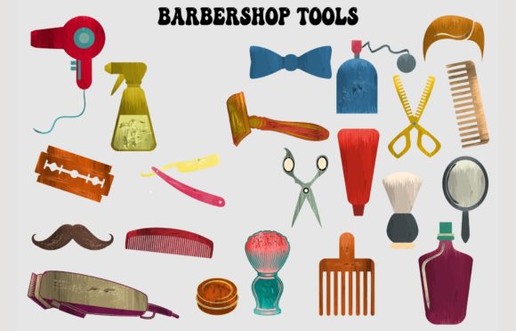 Watercolor Barbershop Tools Illustrations
