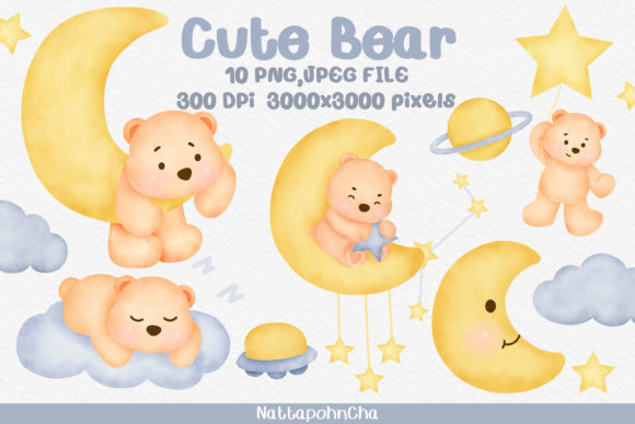 Watercolor Bear and the Moon Clipart Illustrations