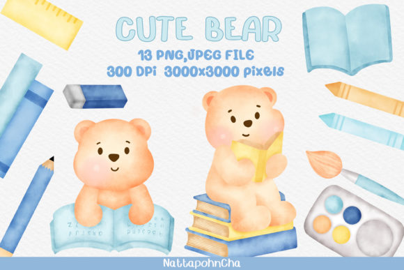 Watercolor Bear Reading Book Clipart and Illustrations
