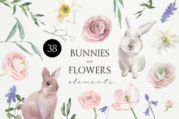 Watercolor Bunnies and Flowers Illustrations