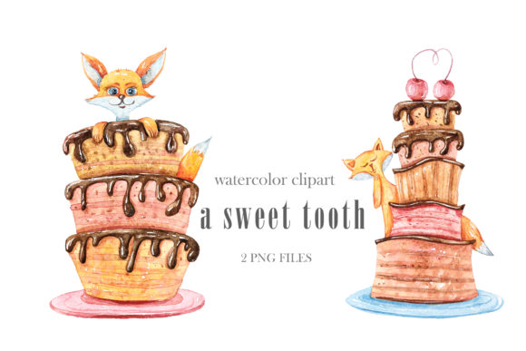 Watercolor Cute Fox with Cake Clipart