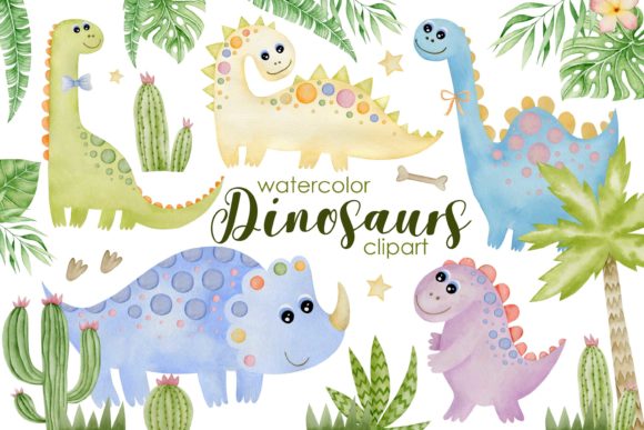Watercolor Dinosaurs Clipart and Illustrations