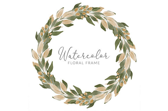 Watercolor Gold Green Foliage Wreath: Premium Illustrations