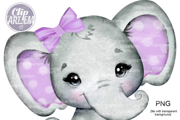 Watercolor Purple Bow Elephant Baby PNG