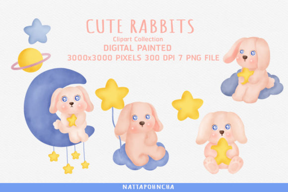 Watercolor Rabbit on the Moon Clipart and Illustrations
