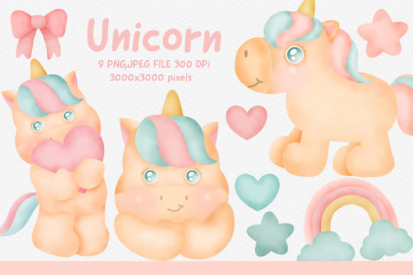 Watercolor Unicorn Party Clipart Bundle and Illustrations