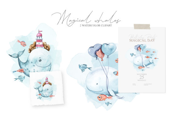 Whale Nursery Clipart. Watercolor Whales